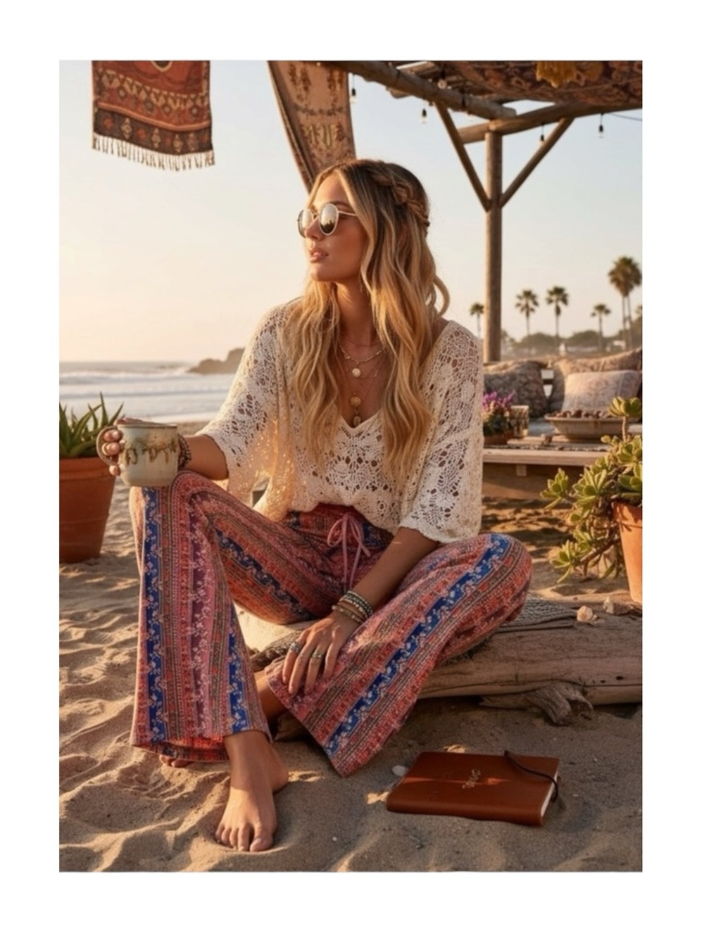 Vintage Y2K: Lucky Brand ❀ Batik Mixed Floral Print Beach Pants ❀ Mauve Blue ❀ S